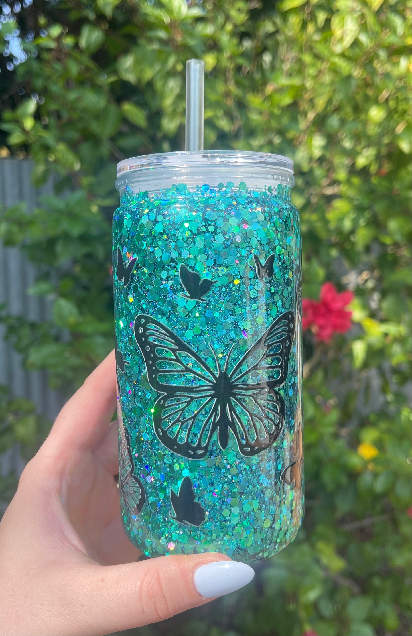 Aqua Butterfly Pre-Made Snowglobe Tumbler