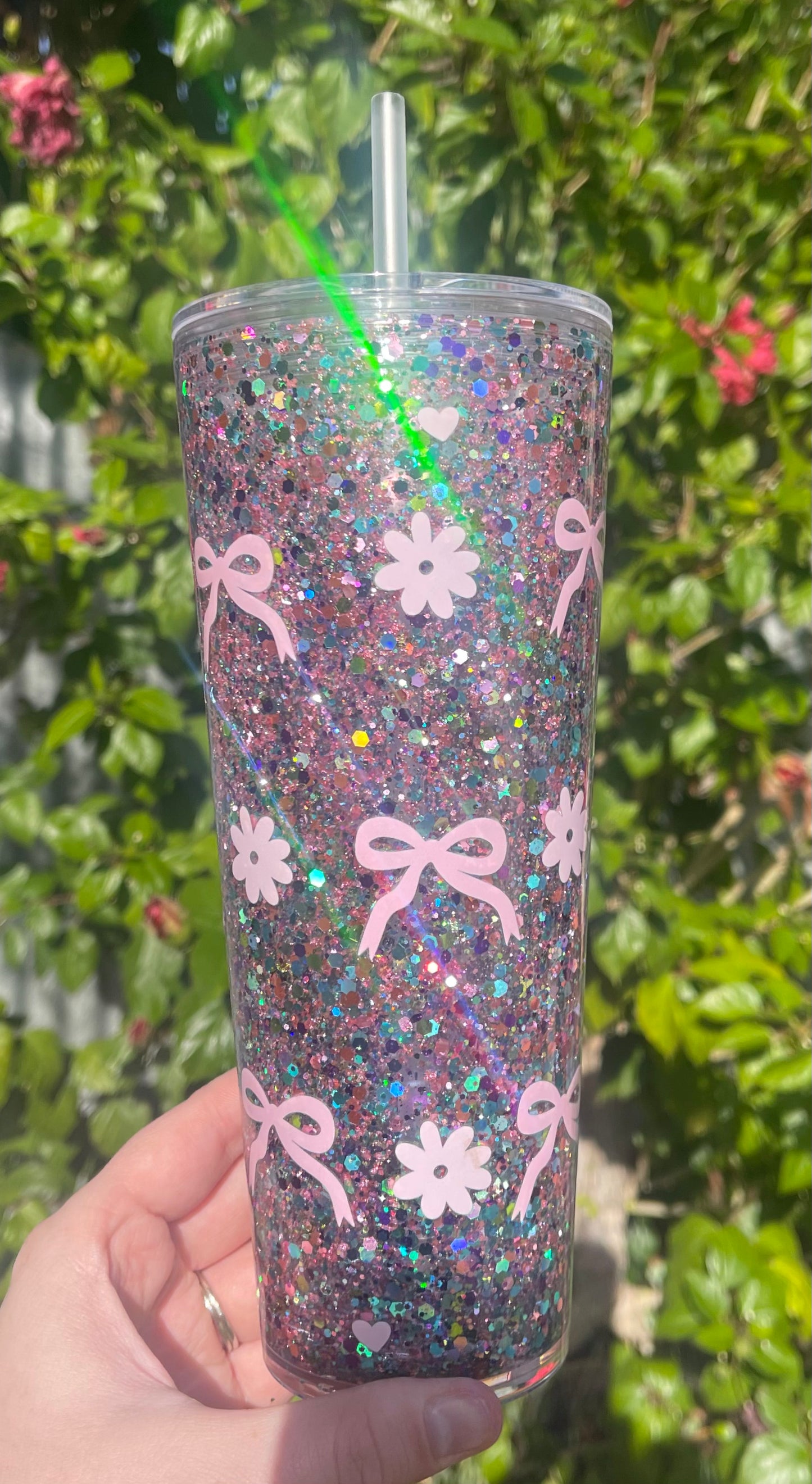Rainbow Bow 24oz Tapered pre Made Snowglobe Tumbler