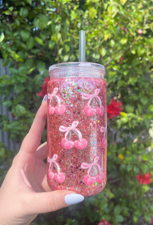 Pink Cherry Bow Pre-Made Snowglobe Tumbler