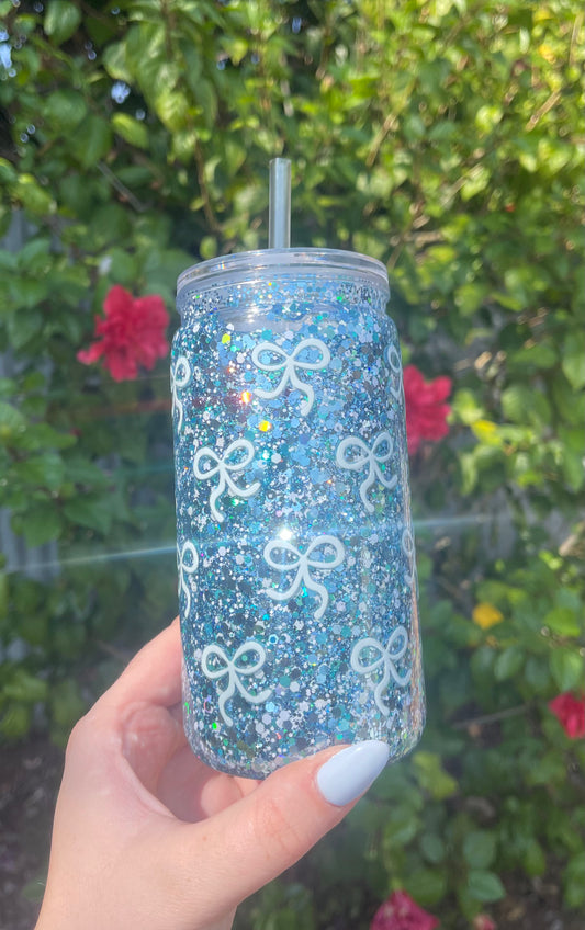 Blue Bow Pre-Made Snowglobe Tumbler