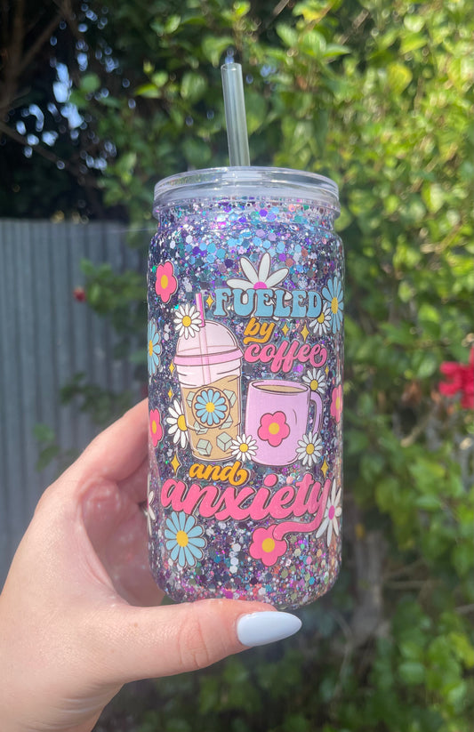 Fueled by Coffee and Anxiety Pre Made Snowglobe Tumbler