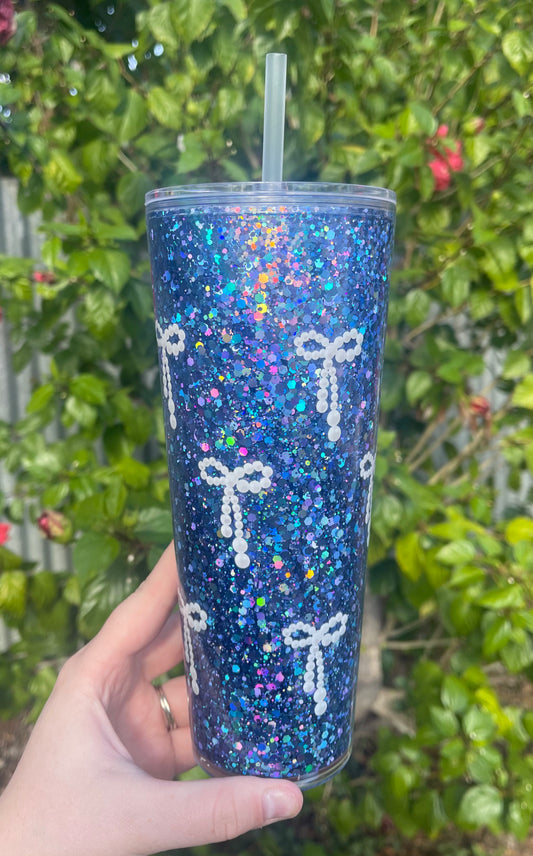 Blue Pearl Bow 24oz Tapered Pre Made Snowglobe Tumbler