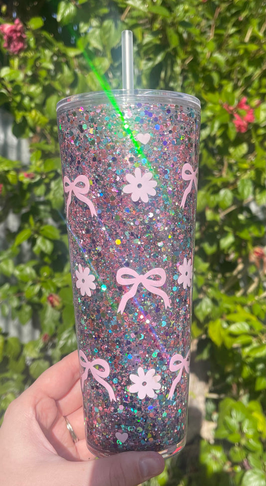 Rainbow Bow 24oz Tapered pre Made Snowglobe Tumbler